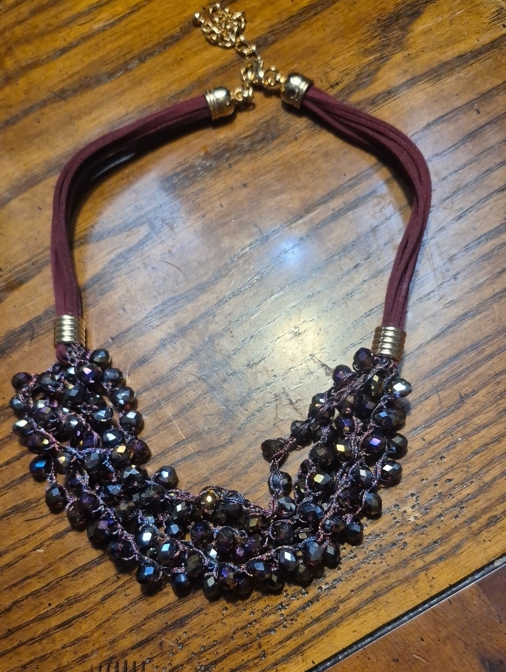 Plum Aurora Borealis Crystal Beaded Statement Necklace With Suede Strands